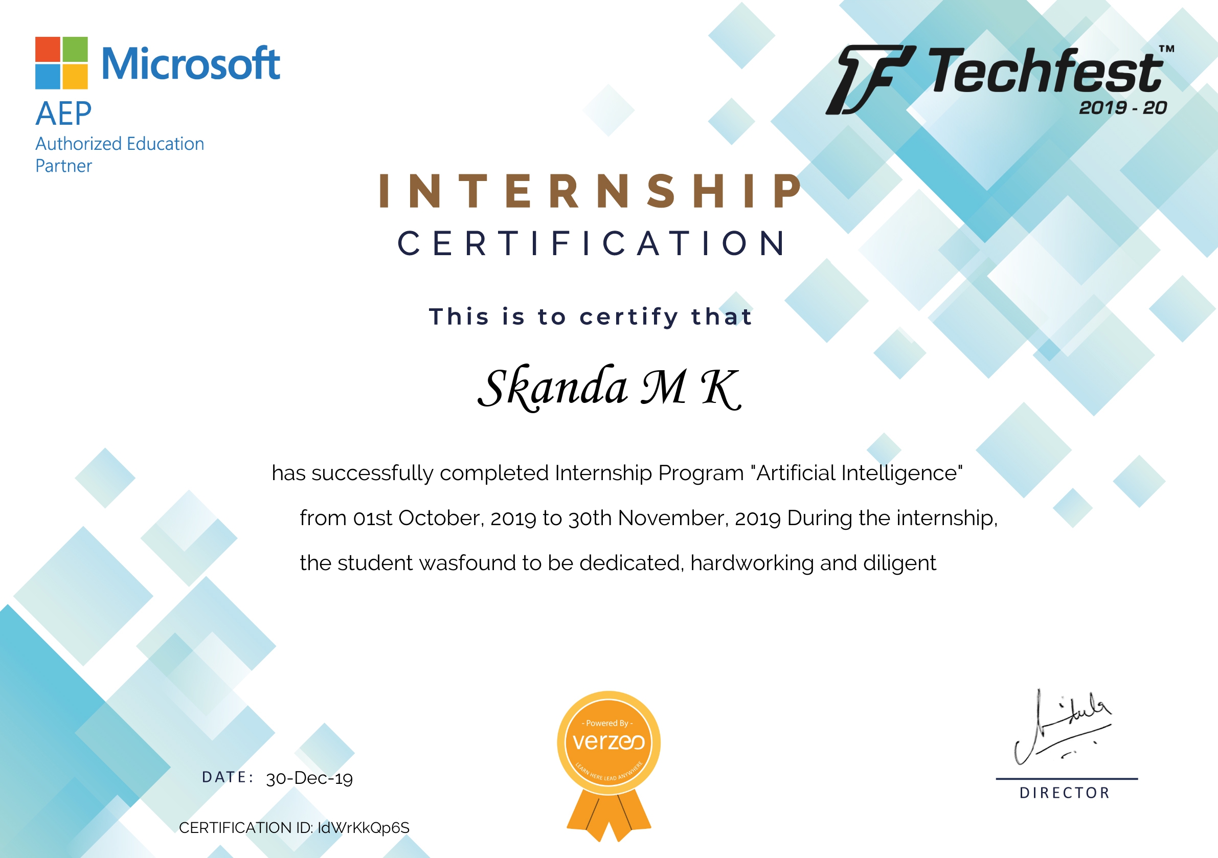 Internship Completion Certificate Verzeo